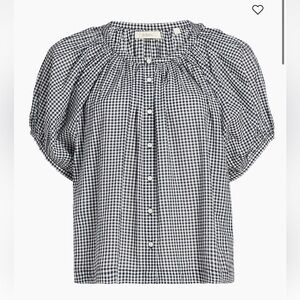 Doen Black & White Gingham Button-Front Puff Sleeve Blouse